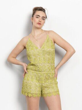 LACE ROMPER GREEN Backless 60'S Vintage Costume Crochet Floral / Medium Large